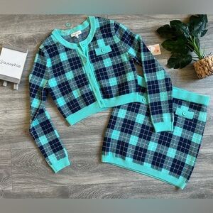 Hazel moon cardigan sweater and knit skirt set in teal/navy. Size L NWT!